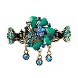 Antique Brass Finish Rhinestone Peacock Mini Claw w/ Tassels Blue
