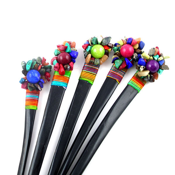 Handmade Thread Wrapped Buffalo Horn Hair Stick with Colorful Chips