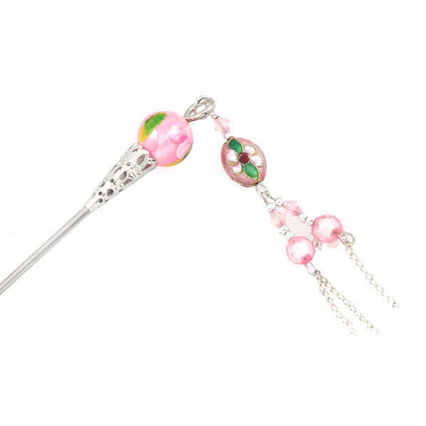 Cloisonne Bead Hair Stick with Tassels 7" Pink