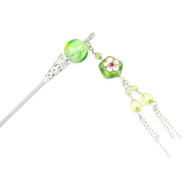 Cloisonne Bead Hair Stick with Tassels 7" Green
