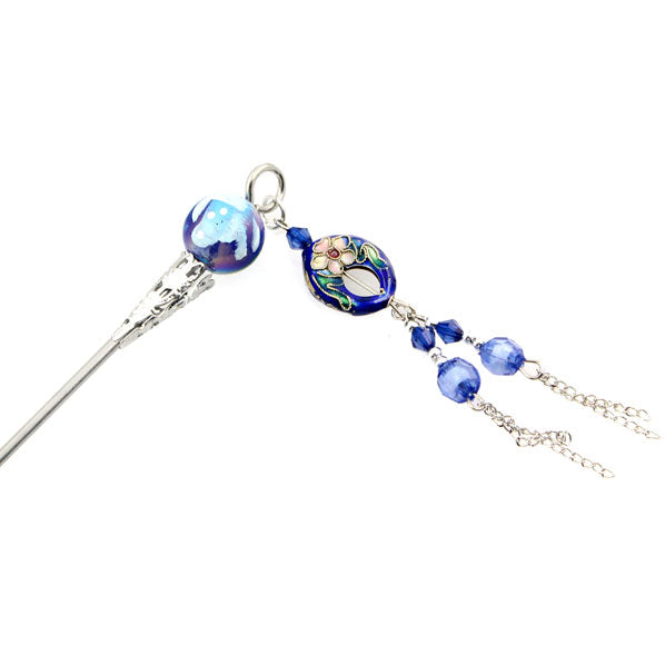 Cloisonne Bead Hair Stick with Tassels 7" Blue
