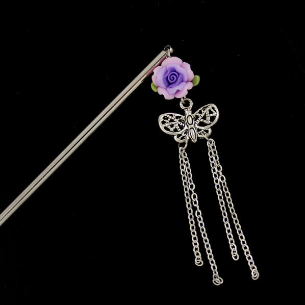 Polymer Rose Hair Stick with Butterfly Tassels