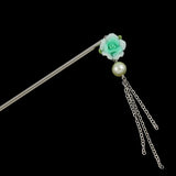 Polymer Rose Hair Stick with Pearl Tassels Green