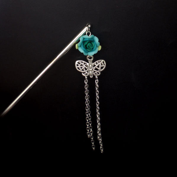 Polymer Rose Hair Stick with Butterfly Tassels Green