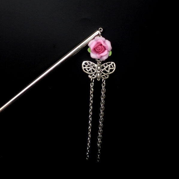 Polymer Rose Hair Stick with Butterfly Tassels Pink