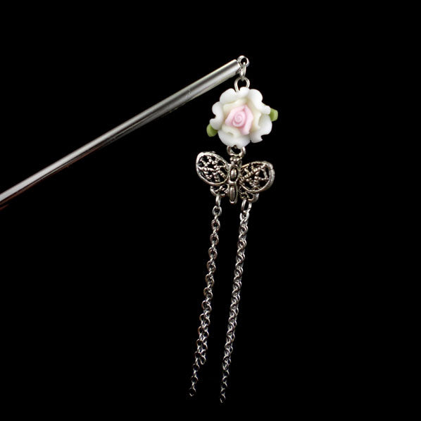 Polymer Rose Hair Stick with Butterfly Tassels White