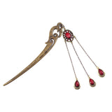 Antique Brass Phoenix Style Hair Stick with Tassel Red