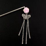 Polymer Rose Hair Stick with Butterfly Tassels Pink