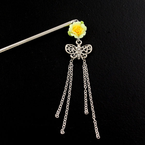 Polymer Rose Hair Stick with Butterfly Tassels Yellow