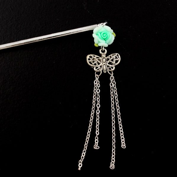 Polymer Rose Hair Stick with Butterfly Tassels Light Green