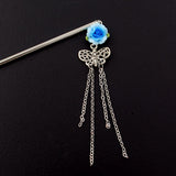 Polymer Rose Hair Stick with Butterfly Tassels Blue