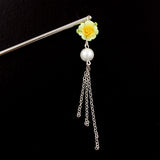 Polymer Rose Hair Stick with Pearl Tassels Black