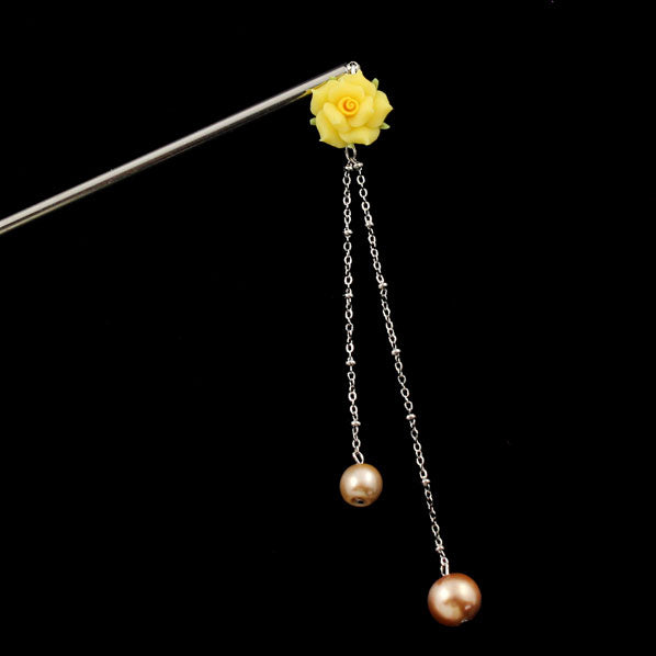 Polymer Rose Hair Stick with Pearl Tassels Green