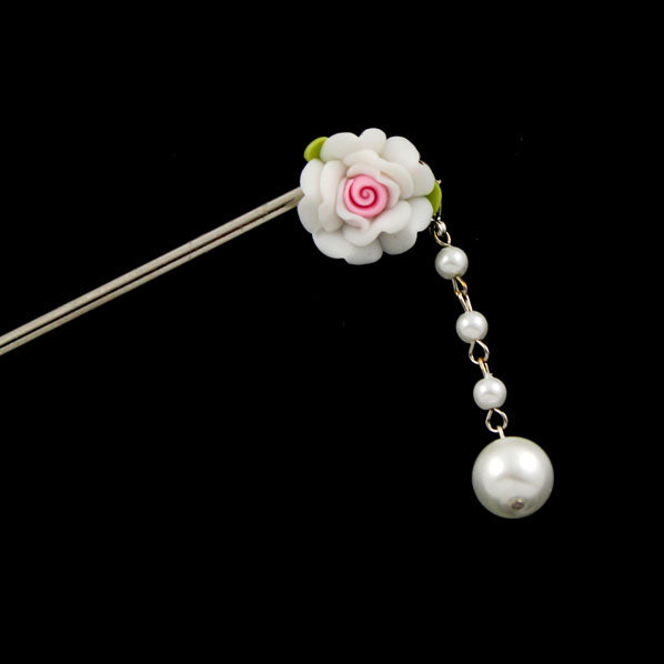 Polymer Rose Hair Stick with Detachable Pearl Tassel Yellow