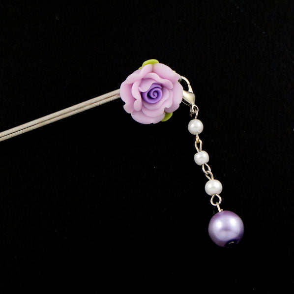 Polymer Rose Hair Stick with Detachable Pearl Tassel Purple