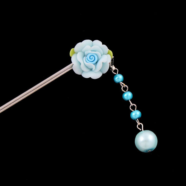 Polymer Rose Hair Stick with Detachable Pearl Tassel Blue