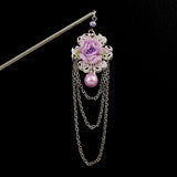 Polymer Rose Hair Stick with Pearl Drop and Tassels Purple