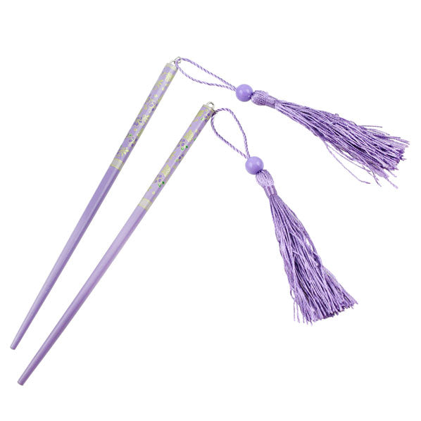 Floral Wood Chopstick Hair Stick with Tassels Yellow [Pair]