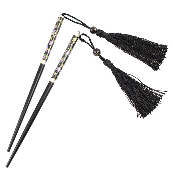 Floral Wood Chopstick Hair Stick with Tassels [Pair]