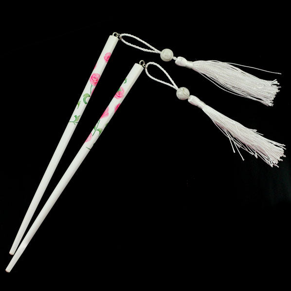 Floral Wood Chopstick Hair Stick with Tassels [Pair]