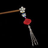 Silver Flower w/ Butterfly Tassels & Lacquered Lantern Bead Wood Hair Stick