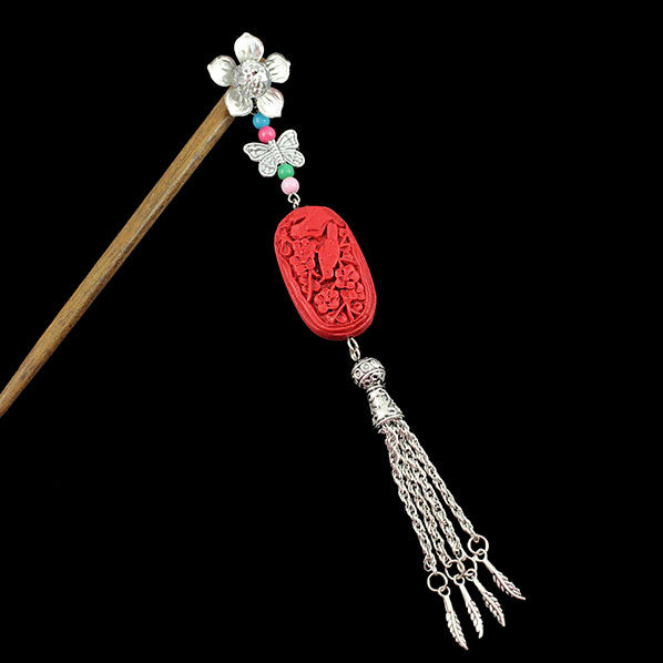 Silver Flower w/ Butterfly Tassels & Lacquered Bead Wood Hair Stick Bird
