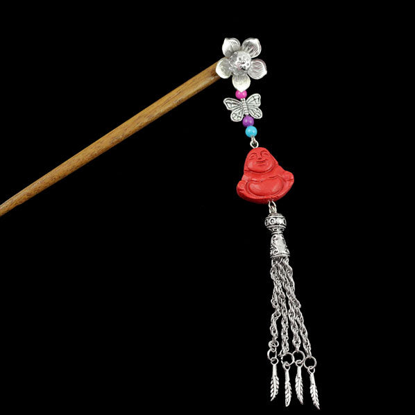 Silver Flower w/ Butterfly Tassels & Lacquered Bead Wood Hair Stick Budda
