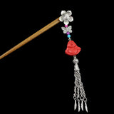 Silver Flower w/ Butterfly Tassels & Lacquered Bead Wood Hair Stick Budda
