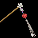 Silver Flower w/ Butterfly Tassels & Lacquered Heart Bead Wood Hair Stick