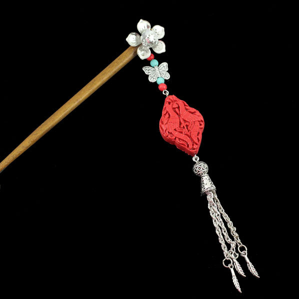 Silver Flower w/ Butterfly Tassels & Lacquered Bead Wood Hair Stick Cranes