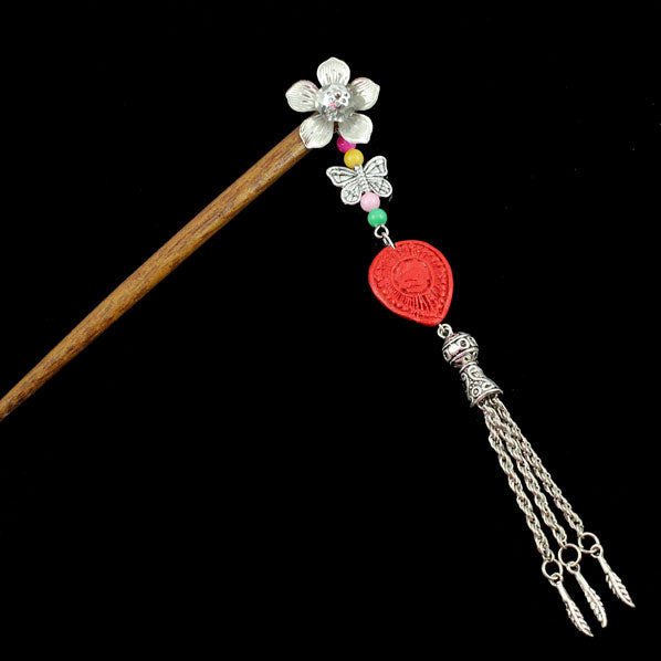 Silver Flower w/ Butterfly Tassels & Lacquered Bead Wood Hair Stick Teardrop