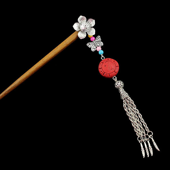 Silver Flower w/ Butterfly Tassels & Lacquered Bead Wood Hair Stick YinYang