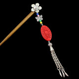 Silver Flower w/ Butterfly Tassels & Lacquered Floral Bead Wood Hair Stick