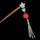 Silver Flower w/ Butterfly Tassels & Lacquered Floral Bead Wood Hair Stick