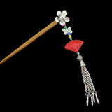 Silver Flower w/ Butterfly Tassels & Lacquered Bead Wood Hair Stick Fan