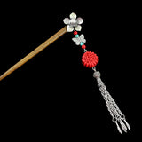 Silver Flower w/ Butterfly Tassels & Lacquered Bead Wood Hair Stick Fu