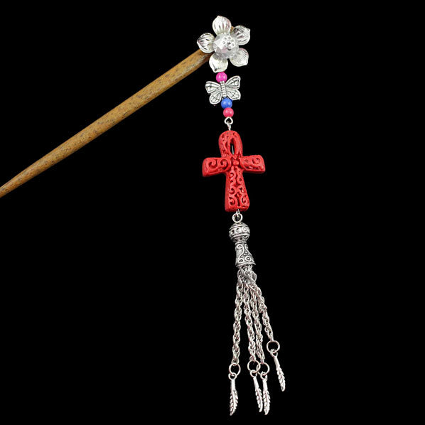 Silver Flower w/ Butterfly Tassels & Lacquered Bead Wood Hair Stick Cross
