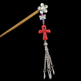 Silver Flower w/ Butterfly Tassels & Lacquered Bead Wood Hair Stick Cross