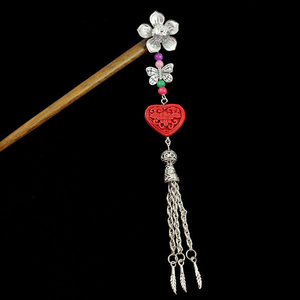 Silver Flower w/ Butterfly Tassels & Lacquered Heart Bead Wood Hair Stick
