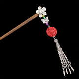 Silver Flower w/ Butterfly Tassels & Lacquered Floral Round Bead Wood Hair Stick