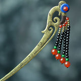 Antique Brass Finish Phoenix Style Hair Stick w/ Agate & Beaded Tassels