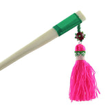 Tribal Cattle Horn Thread Wrapped Hair Stick w/ Tasssels Pink