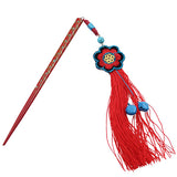 Lacquered Ironwood Hair Stick w/ Embeded Shell & Embroidery and Bells Tassels