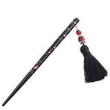 Lacquered Ironwood Hair Stick w/ Beads Tassels Black