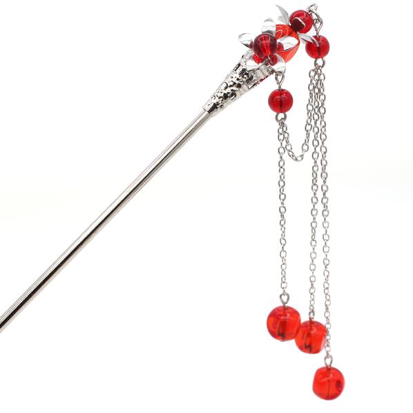 Silver Finish Floral Hair Stick With Beaded Tassels Red