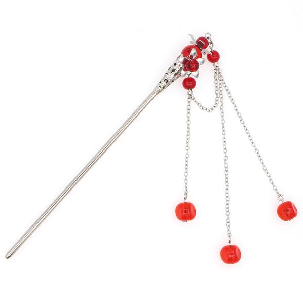 Silver Finish Floral Hair Stick With Beaded Tassels Red