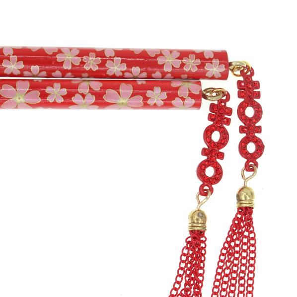 Red Floral Chopstick Hair Stick with Double Happiness Tassel (Pair)