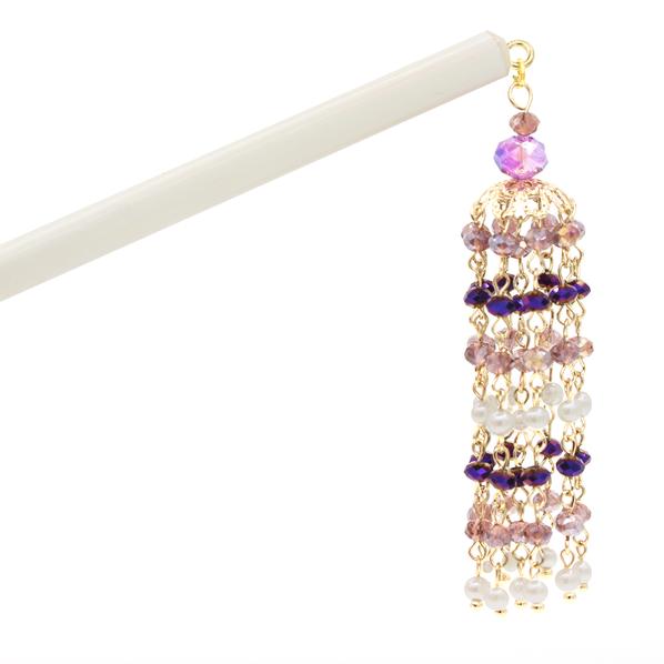 White Chopstick Hair Stick with Purple Crystal Beaded Tassels (pc)