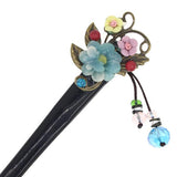 Yak Horn Hair Stick with Flowers and Beaded Tassels Purple