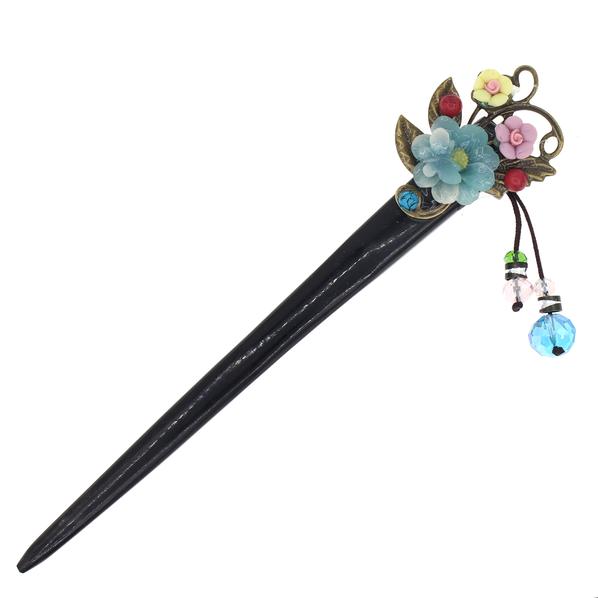 Yak Horn Hair Stick with Flowers and Beaded Tassels Red
